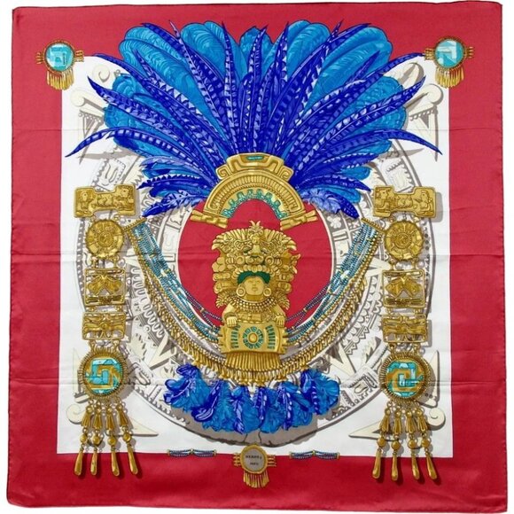 329179AL (S2) Hermes Scarf Carre 90 Great Buddha Red Silk - Picture 1 of 10